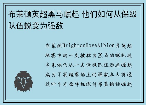 布莱顿英超黑马崛起 他们如何从保级队伍蜕变为强敌